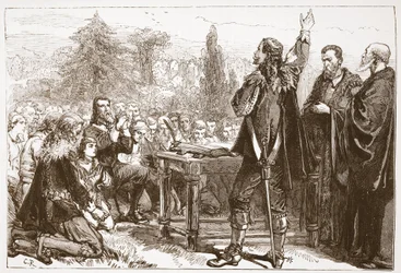 O juramento e a subscrição do National Covenant no cemitério de Greyfriars, Edimburgo, ilustração de The History of Protestantism, de James Aitken Wylie (1808-1890), publicada em 1878