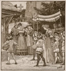 O casamento de Jack de Newbury: a procissão de noivas, ilustração da história ilustrada de Cassells da Inglaterra (foto sépia)