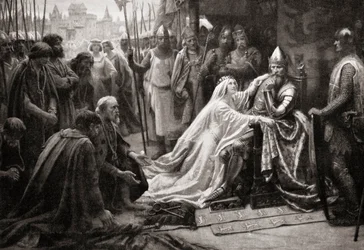 A esposa do rei Eduardo III, rainha Philippa de Hainault, intercede perante o seu marido para pedir que as vidas dos sete Burgos de Calais sejam poupadas (impressão)