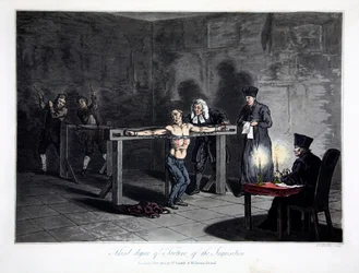 Terceiro Grau de Tortura da Inquisição, gravada por L.C. Stadler, pub. por Cadell & Davies, Londres, c.1813 (gravura a cores)