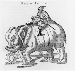 Thomas Coryate (c.1577-1617) em um elefante, de Cartas da Índia em Crudities Coryats, Volume 3, publicado em 1776