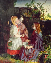 Três, meninas jovens, em, um, paisagem, c.1860