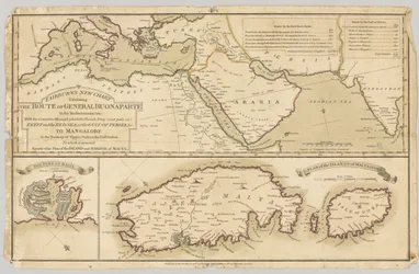 Três mapas coloridos impressos: Novo mapa de Fairburns exibindo a rota do general Bonaparte no mar Mediterrâneo, 1798