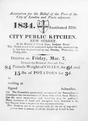 Bilhete para os pobres receberem carvão e batatas da cozinha pública da cidade, New Street, Londres, 1834