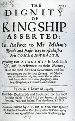 Página de rosto de The Dignity of Kingship Asserido por GS um Lover of Loyalty, publicado em 1660 (papel impresso)