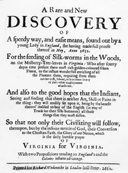 Página de título para o verme de seda reformado da Virgínia por Samuel Hartlib, publicado em 1652 (impressão tipográfica)