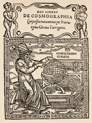 Página de rosto de dois livros de cosmografia, de Hieronymo Girana Tarragones, de A narrativa e a história crítica da América, editada por Justin Winsor, Londres, 1886 (xilogravura)