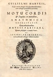 Página de título de "De Motu Cordis set Sanguinis in Animalibus" (O movimento do coração e do sangue nos seres vivos) de William Harvey (1578-1657) publicado em 1628.