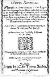 Página de título para Amoroso Fiammetta por Giovanni Boccaccio, tradução inglesa publicada em 1587