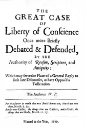 Página de título para O Grande Caso da Liberdade de Consciência, de William Penn, publicado em 1670