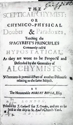 Página de título para The Skeptical Chymist por Robert Boyle, 1661 (impressão)