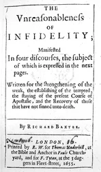 Página de título para o Unreasonableness of Infidelity por Richard Baxter, publicado em 1655
