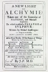 Página de rosto para a edição em inglês de A New Light on Alchemy de Michal Sedziwoj, 1650 (impressão)