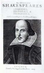 Titlepage of &39;Mr. Comédias, histórias e tradições de William Shakespeares, gravadas por Martin Droeshout, 1623