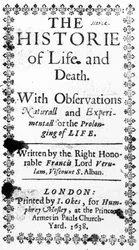 Titlepage to Francis Bacons A História da Vida e Morte, publicada em 1638 (impressão)