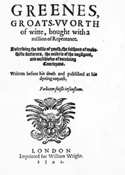 Título para Greenes Groats-Worth of Wit, atribuído a Robert Greene, publicado em 1592 (impresso)