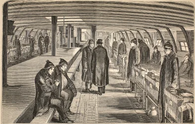 Plataforma superior do navio de hospital de Unite, unido aos hulks em Woolwich, ilustração das prisões criminosas de Londres e cenas da vida da prisão por Henry Mayhew e por John Binny, bar. 1862 (engravin