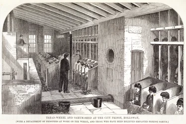 Tread-Wheel e Oakum-Shed na prisão da cidade, Holloway, das prisões penais de Londres e cenas de vida na prisão por Henry Mayhew (1812-1887) e John Binny, 1862