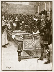Julgamento de Charles, ilustração de História ilustrada de Cassells da Inglaterra (foto sépia)