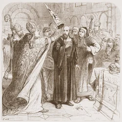 Julgamento de Huss: Degradando o Mártir, ilustração da História do Protestantismo por James Aitken Wylie (1808-1890), pub. 1878