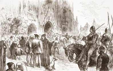 Julgamento de Jerônimo: esperando a sentença, ilustração de A História do Protestantismo por James Aitken Wylie (1808-1890), pub. 1878
