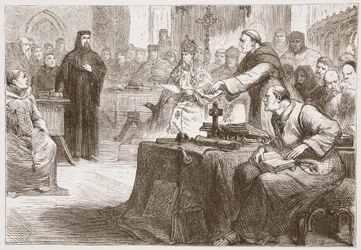 Julgamento de Wicliffe, ilustração da História do Protestantismo por James Aitken Wylie (1808-1890), pub. 1878
