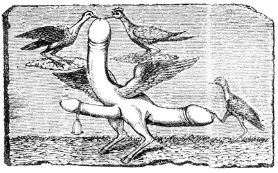 Falo triplo com asas, pernas e pés de cabra, um sino, asas, duas aves a bicar o pénis maior e outra ave a prender a cauda com a pata