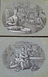 Duas cenas domésticas, c.1725 (giz preto e branco em papel azul)