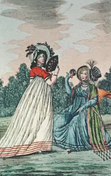 Duas senhoras elegantes em um jardim, c.1800 (gravura de cor)