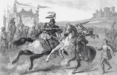 Dois Cavaleiros Jousting em um torneio na Alemanha