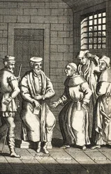 Dois frades espanhóis conversando com o Sr. Bradford, ilustração de Foxes Martyrs c.1703 99: Foxes Book of Martyrs; John Fox; c17th; Raposas;