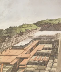 Sistema de aquecimento subterrâneo para uma villa romana na Inglaterra, publicado em 1797 (lito colorido à mão)