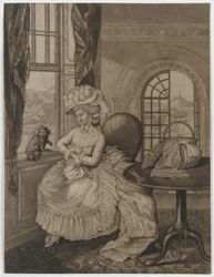 Sem título (mulher sentada na janela de um cachorro pequeno), c.1780 (mezzotint)
