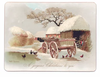 Cartão de Natal vitoriano de patos e galinhas perto de um lago no pátio de uma fazenda, c.1880 (cor litho)