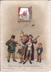 Cartão de Ano Novo vitoriano de um homem em camisa de noite preparando-se para despejar um jarro de água em alguns músicos de rua abaixo, c.1880 (cor litho)