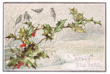 Cartão de Ano Novo vitoriano de aves em galhos na neve que cai, c.1880 (cor litho)
