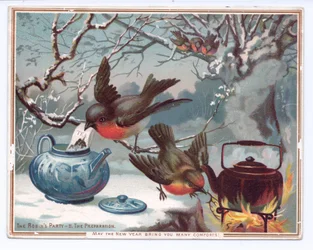 Cartão de ano novo vitoriano de tordos fazendo chá em uma noite de inverno com neve, c.1880 (lito colorido)