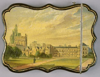 Caso de cartão vitoriano, com uma cena de Trinity College Gardens, Oxford (papel machê)