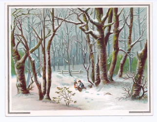 Cartão de felicitações vitoriano de duas crianças que recolhem ramos na neve, c.1880 (cor litho)