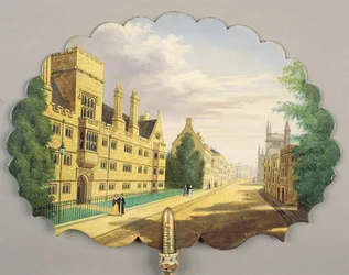 Tela vitoriana, com uma cena do Wadham College, Oxford com a Biblioteca Bodleian e o Hertford College ao fundo (papel machê)