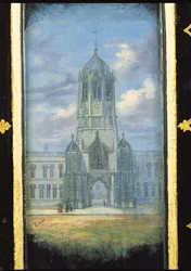 Painel de gabinete de costura vitoriana decorado com uma cena da Igreja de Cristo, Oxford (papel machê)