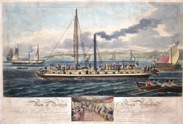 Vista de British Steam Vessels, publicado por R. Ackermann, 1820-51 (aquatinta colorida)