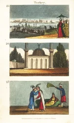 Vista de Constantinopla (Istambul) no início do século 19 25, mesquita muçulmana com cúpula e minaretes 26, e jovens gregas se beijando nos olhos 27
