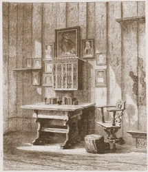 Vista da sala de Luthers no Wartburg, mostrando a tinta-mancha na parede, ilustração da história do protestantismo por James Aitken Wylie (1808-1890), bar. 1878