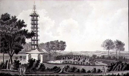 Vista de um jardim holandês com um Pagode chinês, c.1770 (caneta e tinta com aquarela sobre papel)