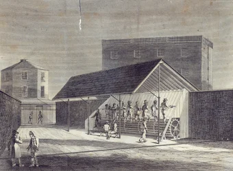 Vista da Tread Mill para o emprego de prisioneiros, erguido na Casa de Correção em Brixton, publicado por Gent. Mag., Julho de 1822