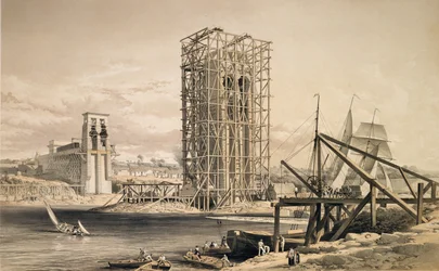 Vista da construção da Ponte Tubular Britannia