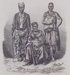 Chefe da aldeia da Costa do Loango, com esposa e dignitário, gravado a partir de uma fotografia do Dr. Falkenstein, de "The History of Mankind", Vol. 1, do Prof. Friedrich Ratzel, 1896