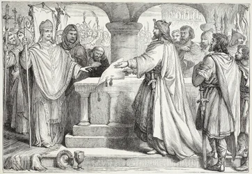 Visita de Carlos Magno ao Papa, ilustração da História do Protestantismo por James Aitken Wylie (1808-1890), pub. 1878