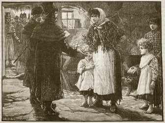Visita do dízimo Proctor, Irlanda, 1832, ilustração da história ilustrada de Cassells da Inglaterra (foto sépia)
